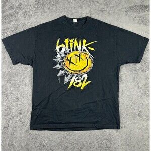 Black Short Sleeve Graphic Tee with Yellow Smiley Band Design